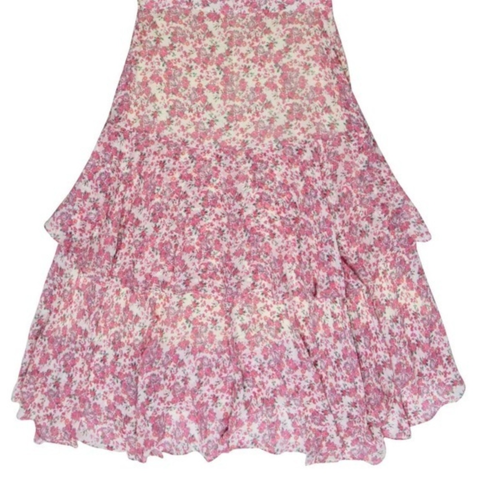 LoveShackFancy - Cream Tiered Midi Skirt W/ Pink Floral Print Sz XS